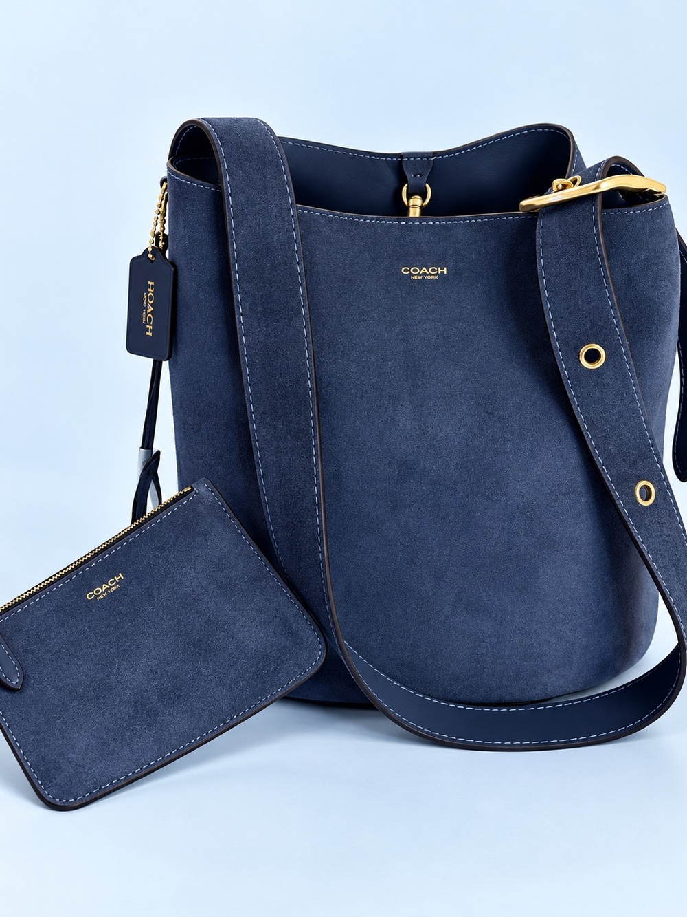 Coach Navy Suede Breecker Bucket Bag with Wristlet